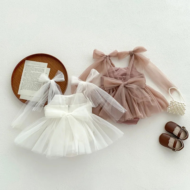 2026 Summer Baby Clothes 100 Day Baptism Birthday Party Sleeveless Jumpsuit Mesh Bow Romper Girl Princess Dress