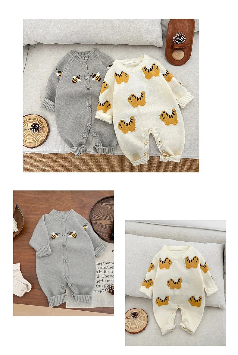 Newborn Baby Clothes 2026 Spring Boys' and Girls' Sweaters Jumpsuit Cute Cartoon Knitted Climbing Clothes