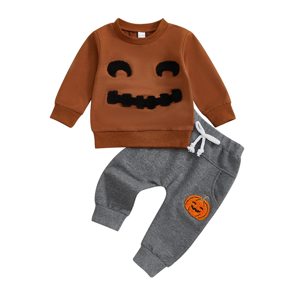 Halloween Children's Clothing 2026 Autumn Children's Clothes Boys Pumpkin Embroidery Long-sleeved Sweater Trousers Two-piece Set