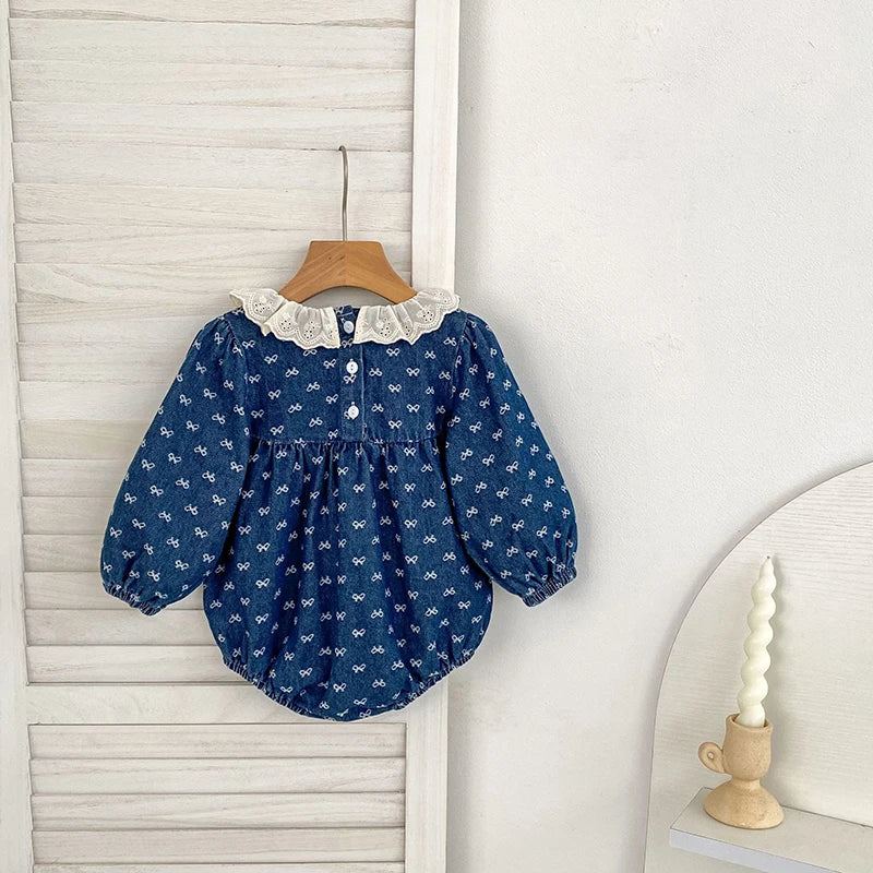 Toddler Sister Denim Bow Print 2-6Yrs Dress & 0-24M Baby Romper Ruffle Lace Collar Long Sleeve Infant Girls Sibling Clothes