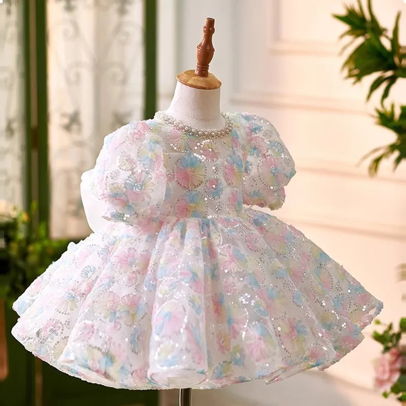 Baby Dress for One Year Old 2024 New Sweet Puff Sleeve Tulle Tutu Skirt Little Girl's 100-Day Birthday Party Dress