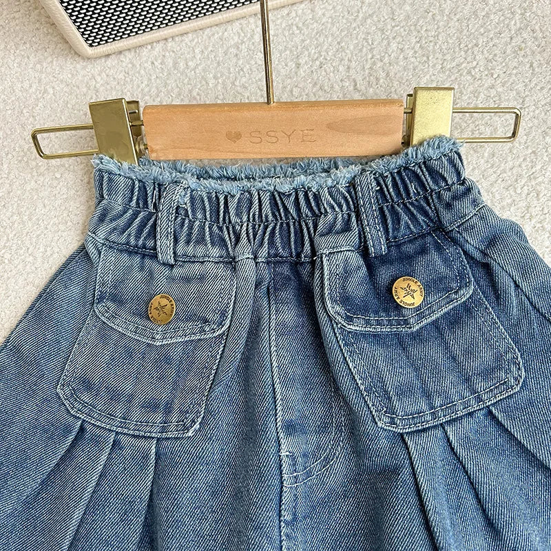 2-8 year old girl's denim set with retro lapel long sleeved denim jacket+pleated skirt cover girl's fashionable and trendy set