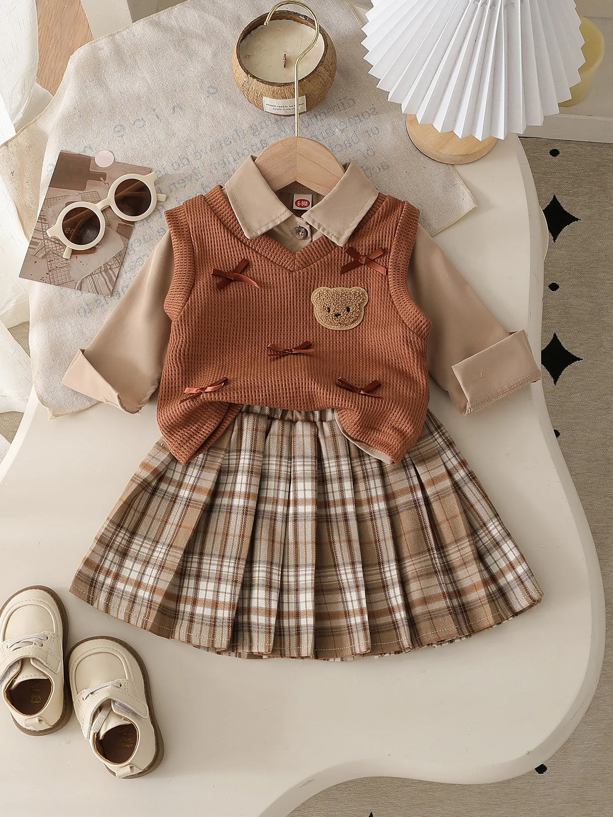 Baby Girls Clothing Sets Cute Style Knit Vest + Shirt + Plaid Pleated Skirt 3pcs Baby Suits 6 9 12 18 24 36 Months Kids Clothes