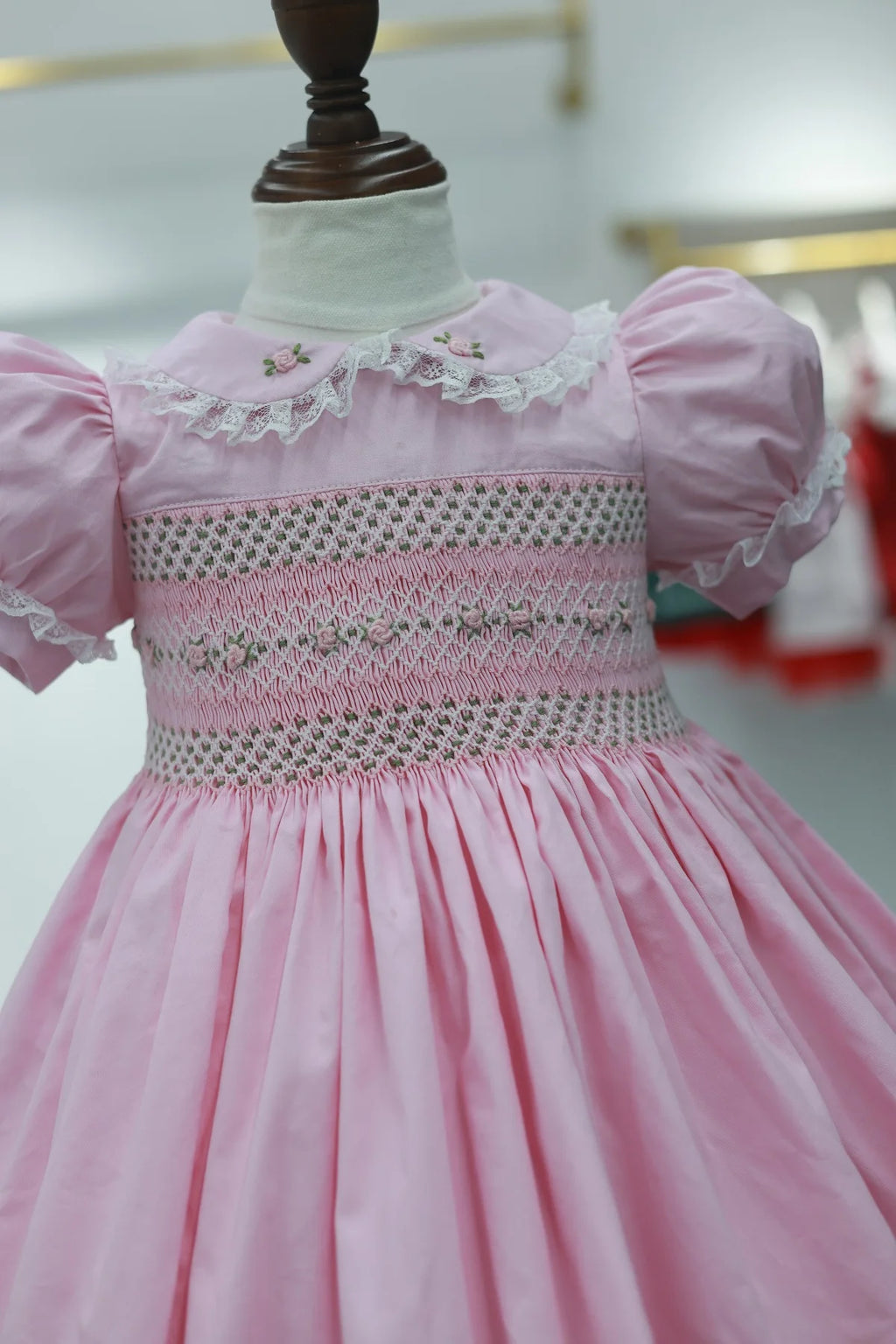 0-12Y Baby Girl Summer Pink Flower Handmade Embroidery Smocked Dress for Eid Birthday Party Holiday Photography Casual A150
