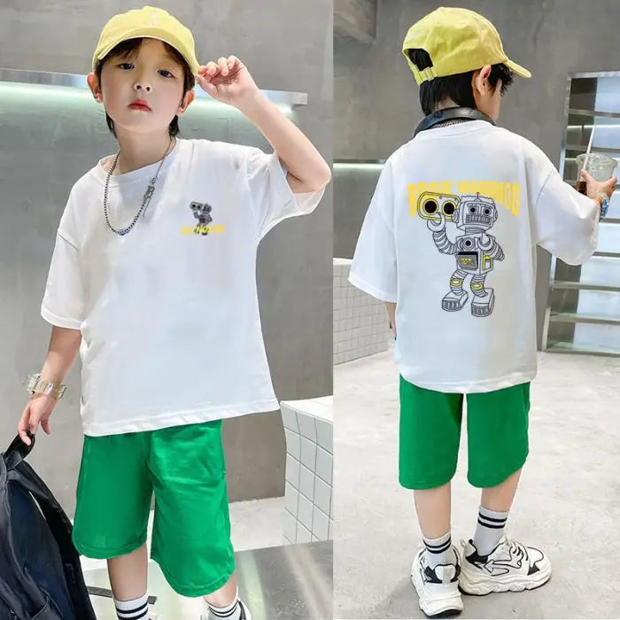2026 summer Teens Boys Clothes set Outfit Kid robot fashion Tracksuit Child t-shirt top + solid shorts pant 4 7 8 10 12 14 Year