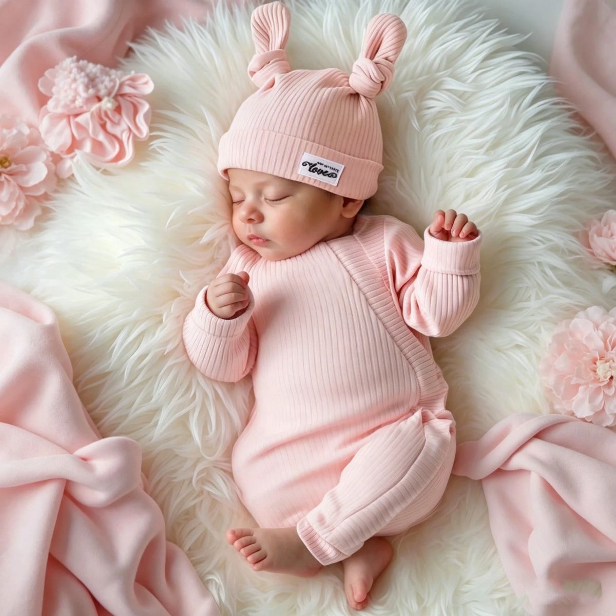 Newborn Photography Clothes Ribbed Romper Bunny Ear Hat Set Infant Zipper Closure Long Sleeve Baby Jumpsuit Coming Home OutfitHD