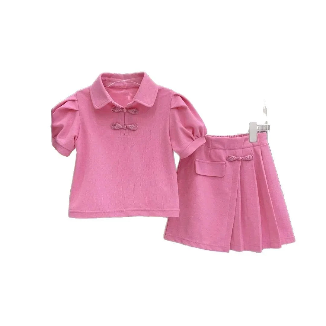 2026 summer child teenager Girls Clothes slim short sleeve rose red sweatshirt T-shirt and mini Pleated skirt 4 8 9 10 12 Year