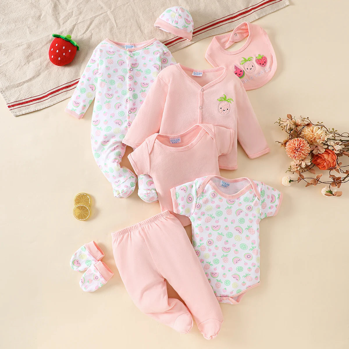 Newborn Baby 8-Piece Clothing Layette Set 100% Soft Combed Cotton Cute Grey Bear Print Infant Romper Bodysuit Hat Bib Outfit Gif