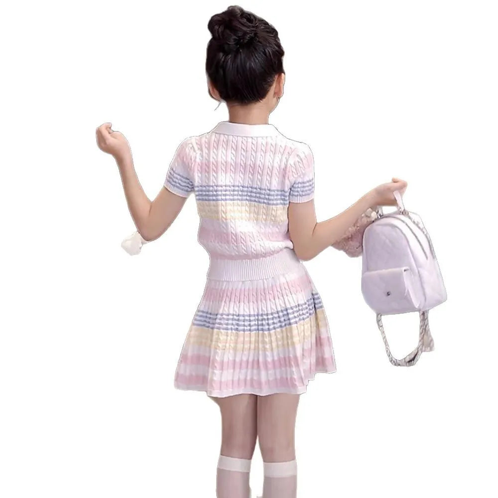 2026 new summer child set teenager Girls Cloth striped tracksuit T shirt top + bottom pleated Skirt suit 4 8 9 10 12 Year tennis