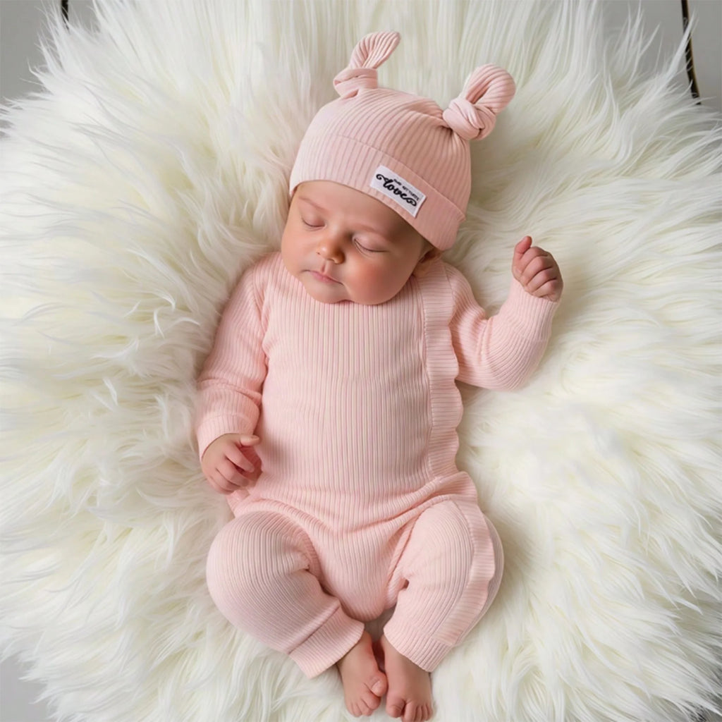 Newborn Photography Clothes Ribbed Romper Bunny Ear Hat Set Infant Zipper Closure Long Sleeve Baby Jumpsuit Coming Home OutfitHD