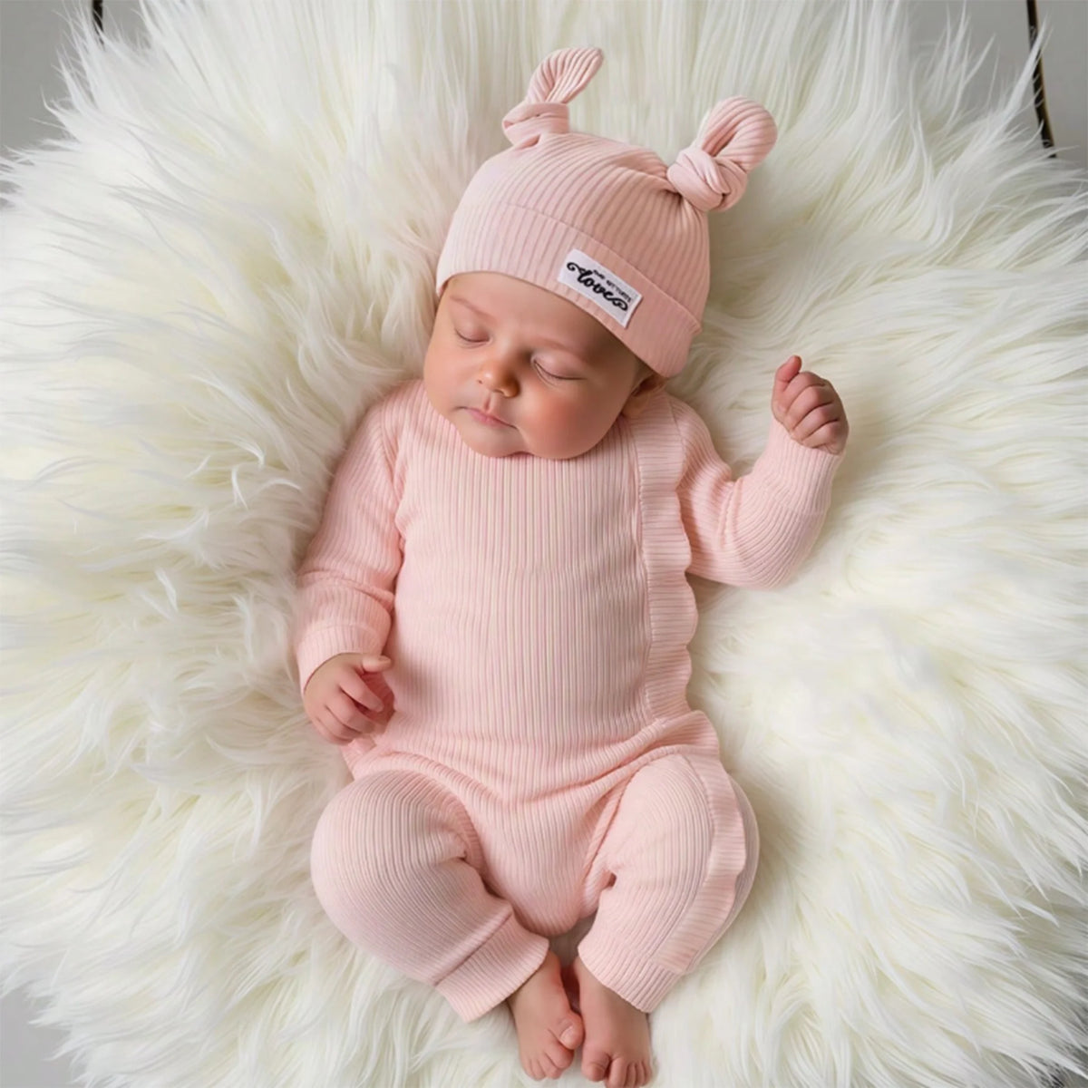 Newborn Photography Clothes Ribbed Romper Bunny Ear Hat Set Infant Zipper Closure Long Sleeve Baby Jumpsuit Coming Home OutfitHD