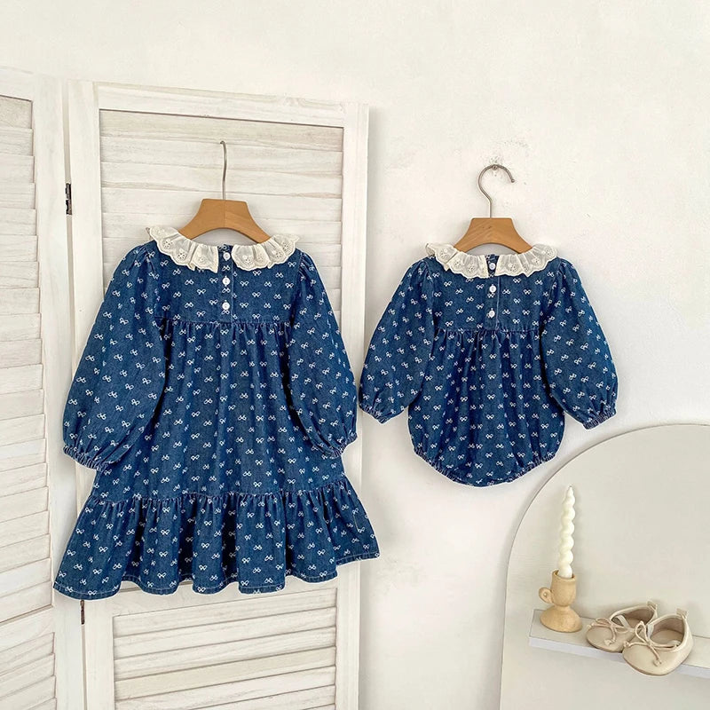 Toddler Sister Denim Bow Print 2-6Yrs Dress & 0-24M Baby Romper Ruffle Lace Collar Long Sleeve Infant Girls Sibling Clothes