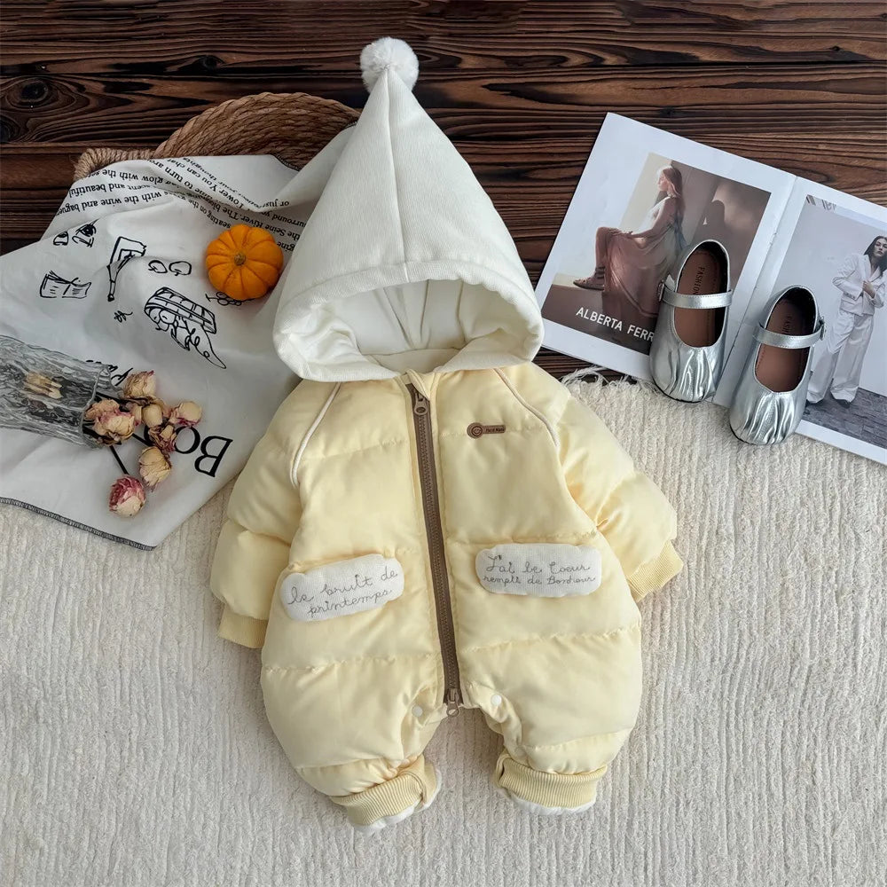 Baby winter clothes with cotton jumpsuit, sweet and cute, 0-2 year old female baby with plush and thick climbing clothes