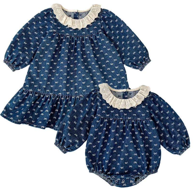 Toddler Sister Denim Bow Print 2-6Yrs Dress & 0-24M Baby Romper Ruffle Lace Collar Long Sleeve Infant Girls Sibling Clothes