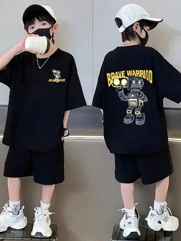2026 summer Teens Boys Clothes set Outfit Kid robot fashion Tracksuit Child t-shirt top + solid shorts pant 4 7 8 10 12 14 Year