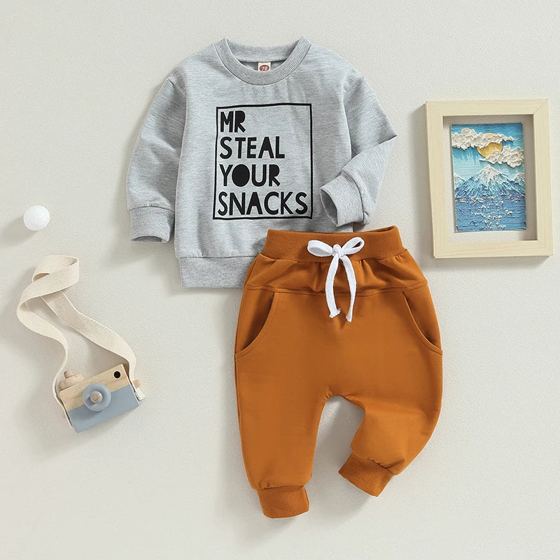 2PCS Toddler Boys Clothes Sets Long Sleeve Letter Print Sweatshirt Tops and Drawstring Pants Spring Fall lSets