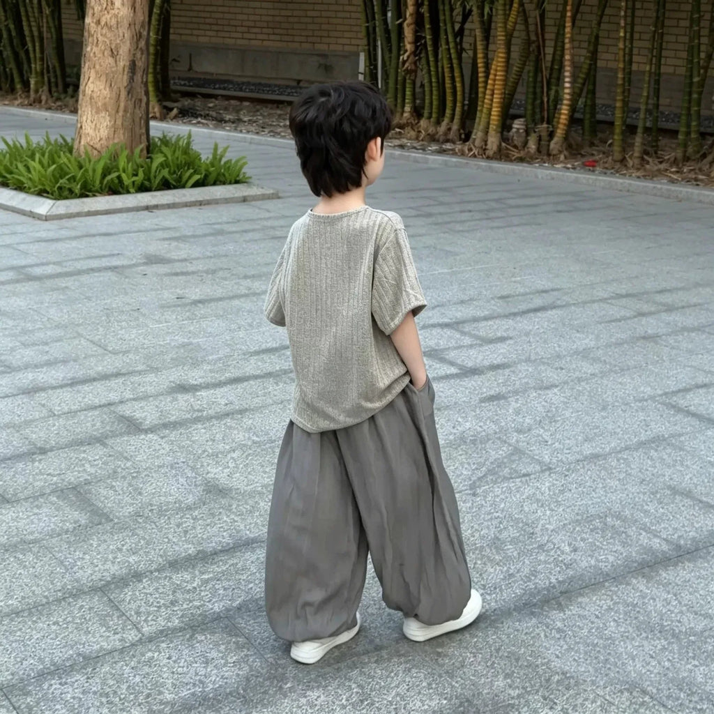 2026 summer Kids Children set boy Clothes loose short top T-Shirt thin + wide leg Pant trousers Teenager outfit 4 8 10 12 year