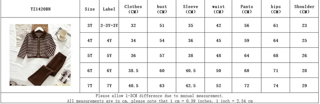3-12 Year Old Children's Two-piece Set Autumn Long Sleeved Girls' Clothing Striped Printed Lapel Cardigan Top+Micro Flared Pants