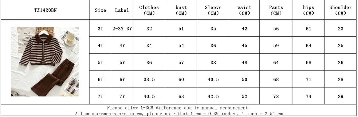 3-12 Year Old Children's Two-piece Set Autumn Long Sleeved Girls' Clothing Striped Printed Lapel Cardigan Top+Micro Flared Pants