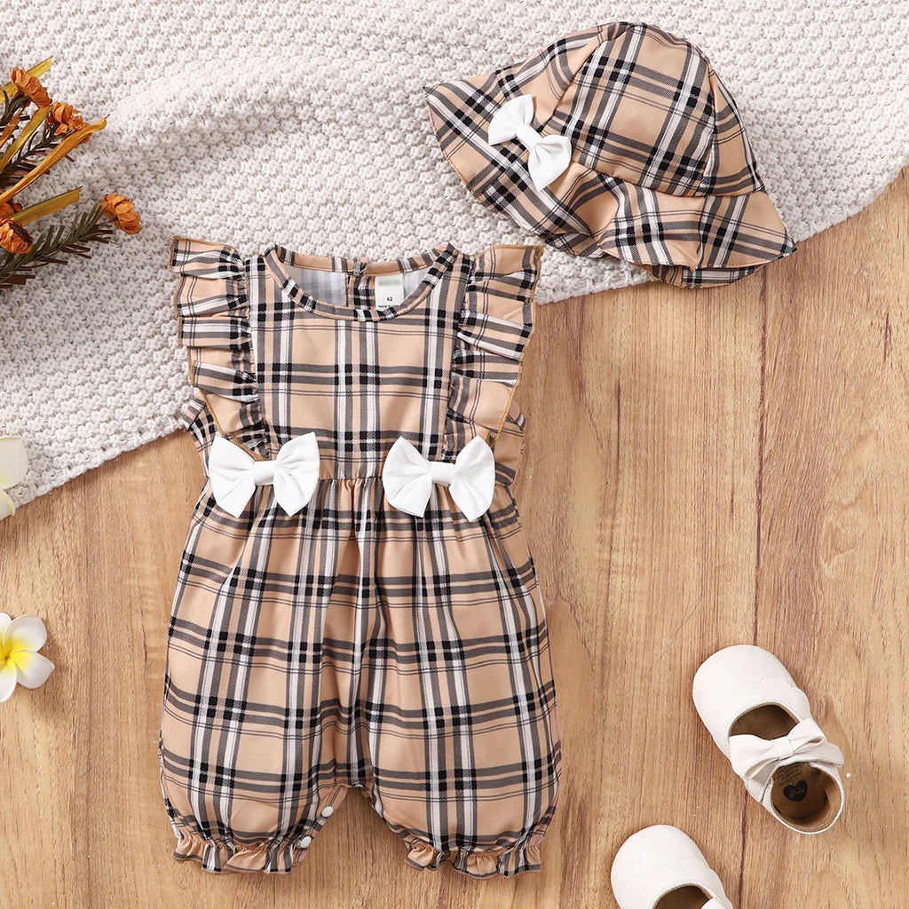 0-18 Months Newborn Baby Girl Clothes Cute Plaid Design Summer Romper+Hat 2Pcs Suit Fashion Holiday Clothing For Toddler Girl