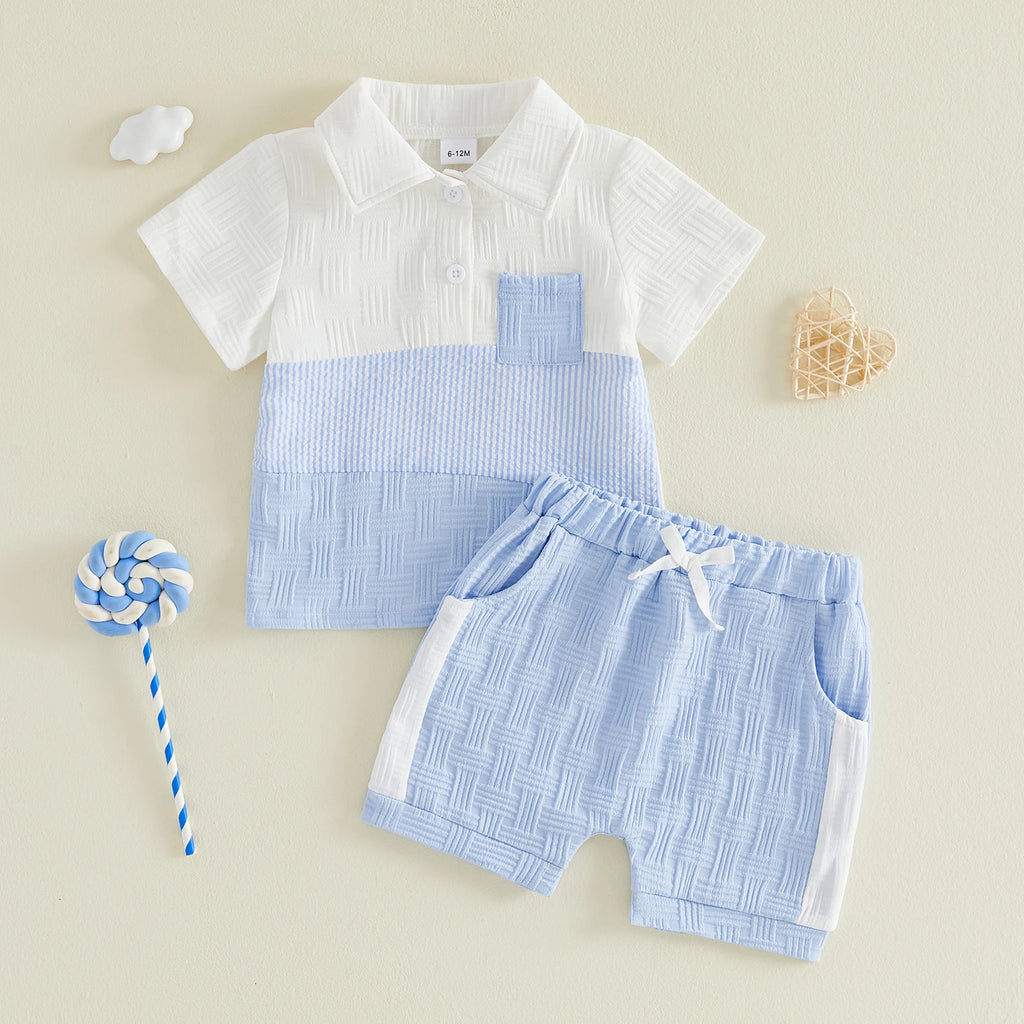 0-4Y Baby Boys Summer Outfits Contrast Color Lapel Short Sleeves T-Shirt Elastic Shorts Set Casual Boys 2 Piece Clothes Set