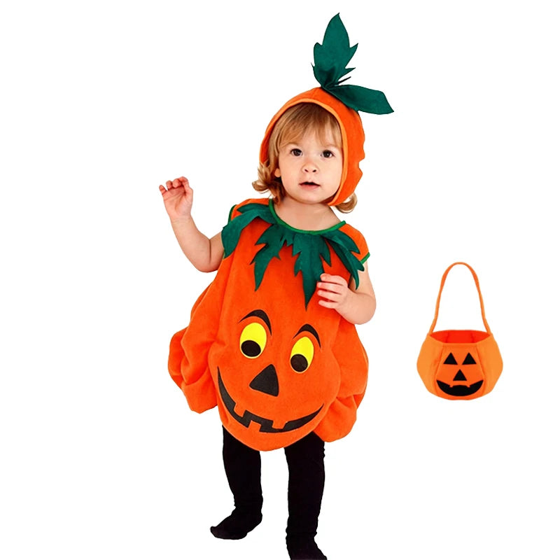 2026 Baby Girls Boys Children Jumpsuit Halloween Pumpkin Costume with Hat Cosplay Stage Performance Christmas Party Costume