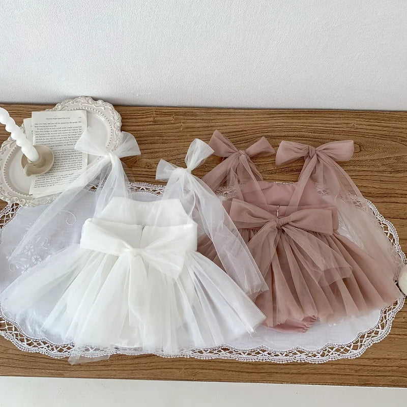 2026 Summer Baby Clothes 100 Day Baptism Birthday Party Sleeveless Jumpsuit Mesh Bow Romper Girl Princess Dress