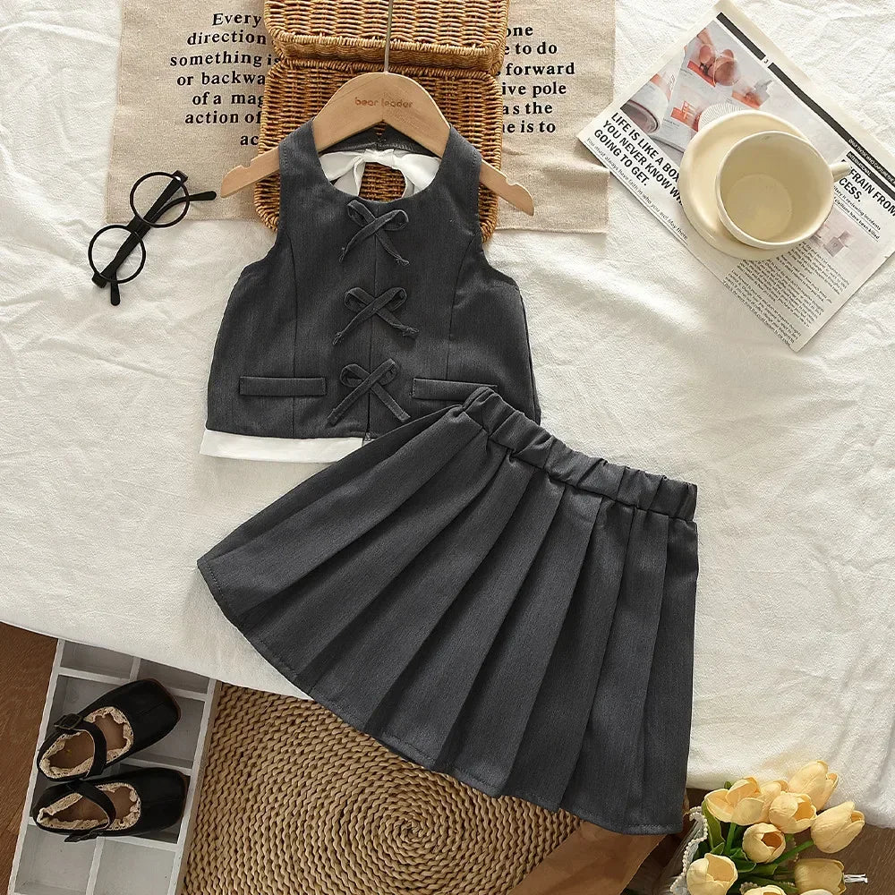 3-7 Year Old Fashionable Street Style Hanging Neck Gray Girls' Clothing Summer New Bow Sleeveless Backless Top + Pleated Skirt