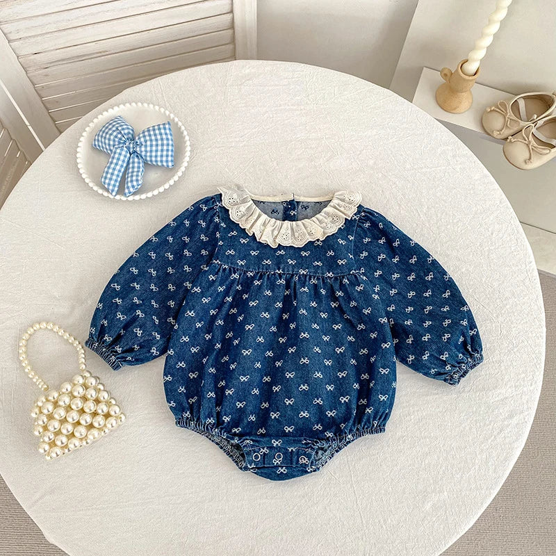 Toddler Sister Denim Bow Print 2-6Yrs Dress & 0-24M Baby Romper Ruffle Lace Collar Long Sleeve Infant Girls Sibling Clothes