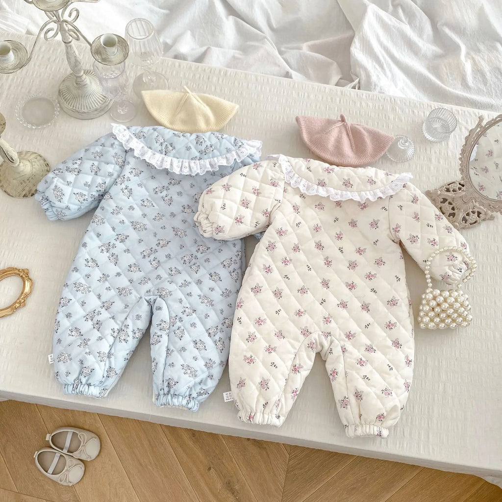 2025 Winter New Baby Girl Sweet Floral Fleece Romper Cute Lace Lapel Newborn Clothes Thick Warm Infant Girl Bow Padded Jumpsuit