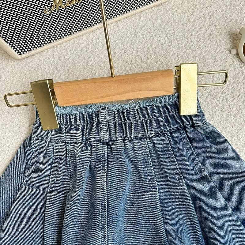 2-8 year old girl's denim set with retro lapel long sleeved denim jacket+pleated skirt cover girl's fashionable and trendy set