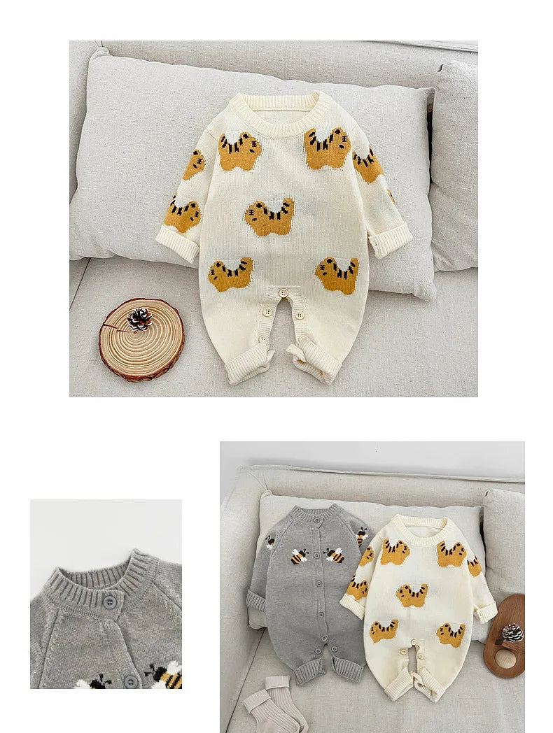 Newborn Baby Clothes 2026 Spring Boys' and Girls' Sweaters Jumpsuit Cute Cartoon Knitted Climbing Clothes