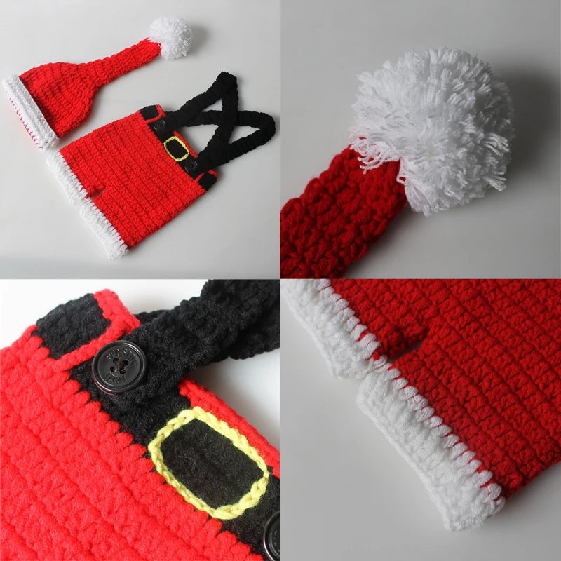Knitted Clothes Christmas Baby Photography Props Outfits Santa Red & White Hat Pants for Infant Newborn Kid A2UB
