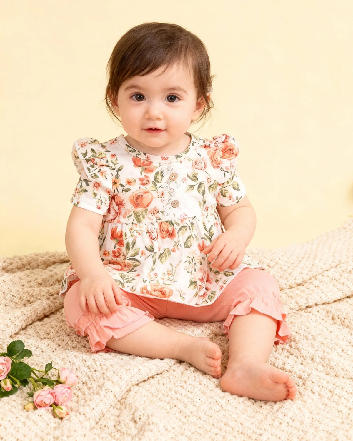 Top Rated Trending Baby Girl (0-4Y) Floral Print Ruffle Top & Lace Trim Pants 2pc Set: Soft Breathable Cotton, Skin-Friendly