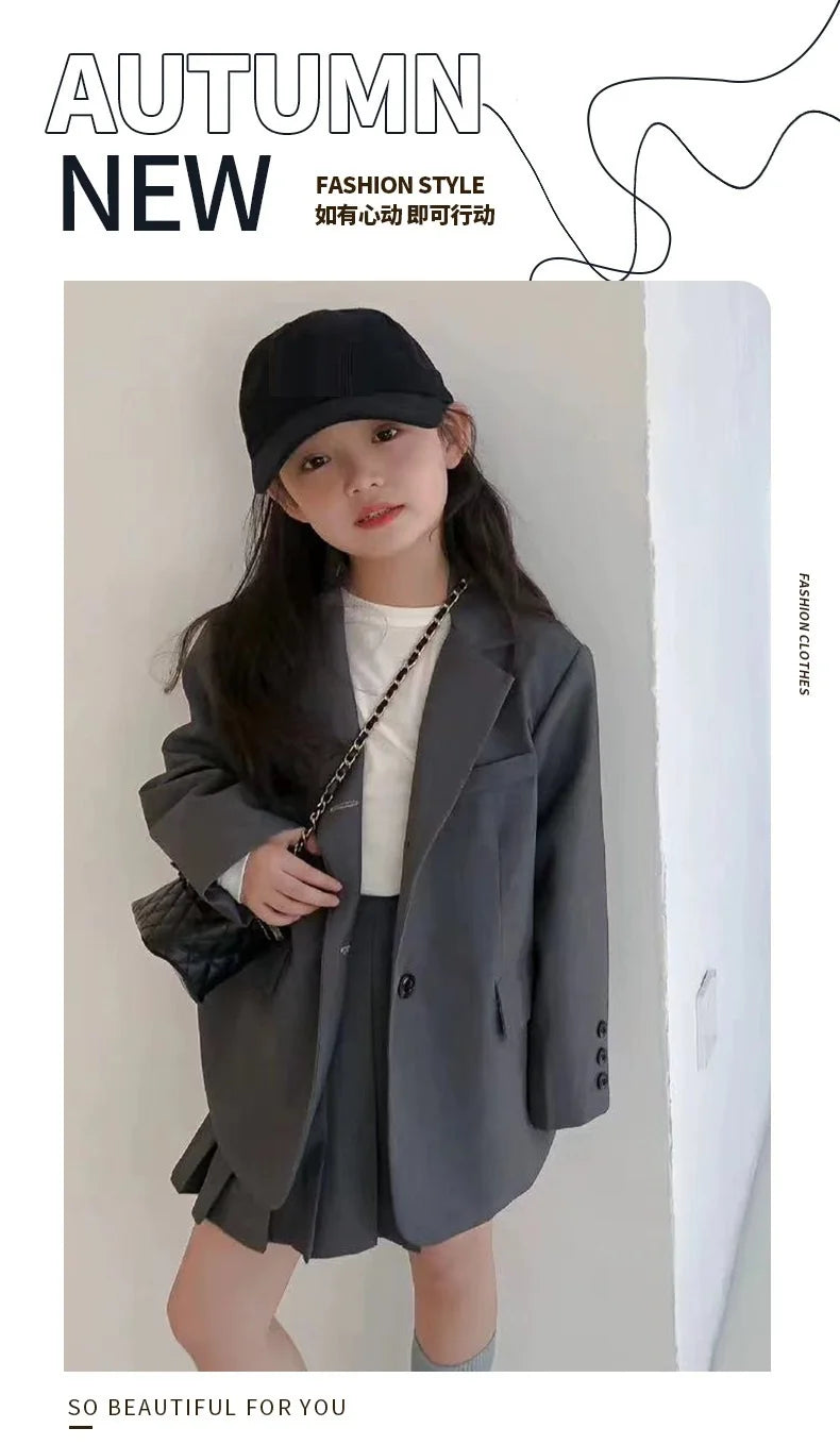 2026 Spring Winter Girls Kids 2 Piece Child Outfits Teenager Suit Set Slim Blazer Jacket Top + Mini Pleated Skirt 4 5 10 12 Year