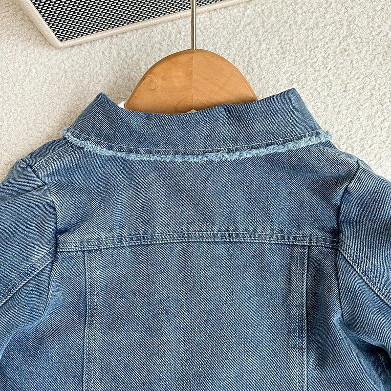 2-8 year old girl's denim set with retro lapel long sleeved denim jacket+pleated skirt cover girl's fashionable and trendy set