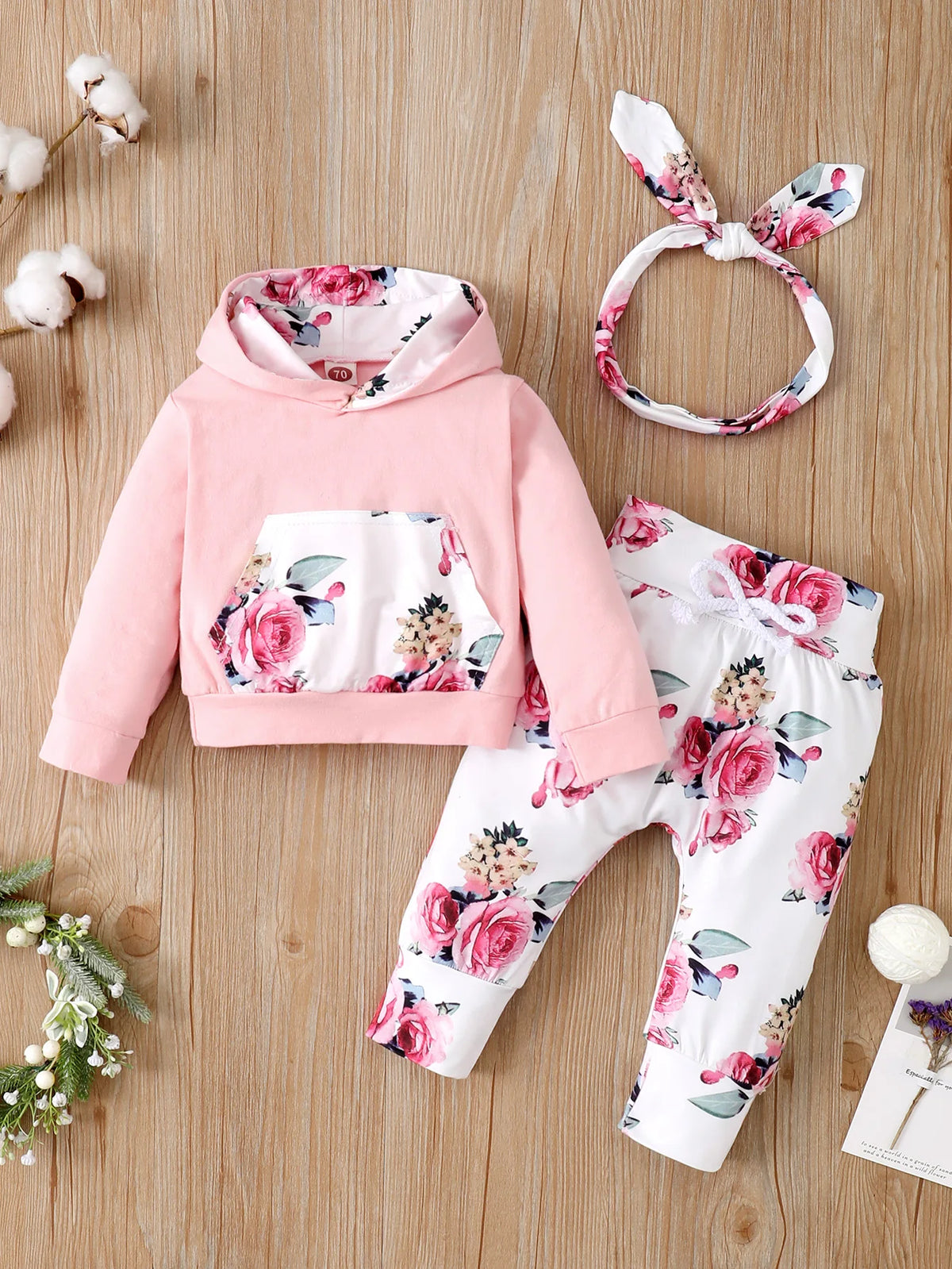 0-18 Months Toddler Baby Girl 3PCS Hooded Clothes Set Flowers Print Long Sleeve Top+Pant+Bowknot Headband Fashion Autumn Outfit