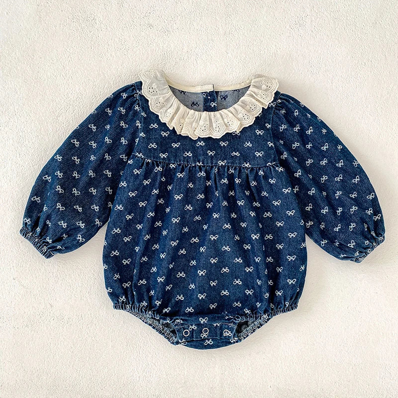 Toddler Sister Denim Bow Print 2-6Yrs Dress & 0-24M Baby Romper Ruffle Lace Collar Long Sleeve Infant Girls Sibling Clothes