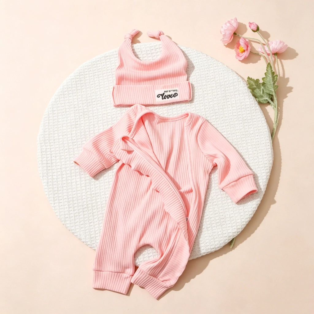 Newborn Photography Clothes Ribbed Romper Bunny Ear Hat Set Infant Zipper Closure Long Sleeve Baby Jumpsuit Coming Home OutfitHD