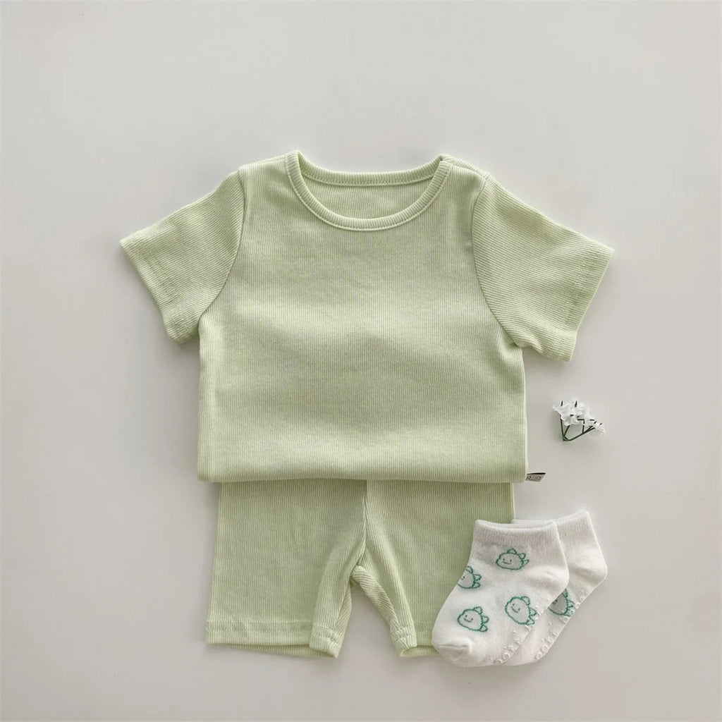 Baby Cotton Ribbed Clothes Set Short Sleeve Tops + Shorts 2pcs Suit Candy Color Baby Girl T Shirts Solid Boys Shorts Outfits