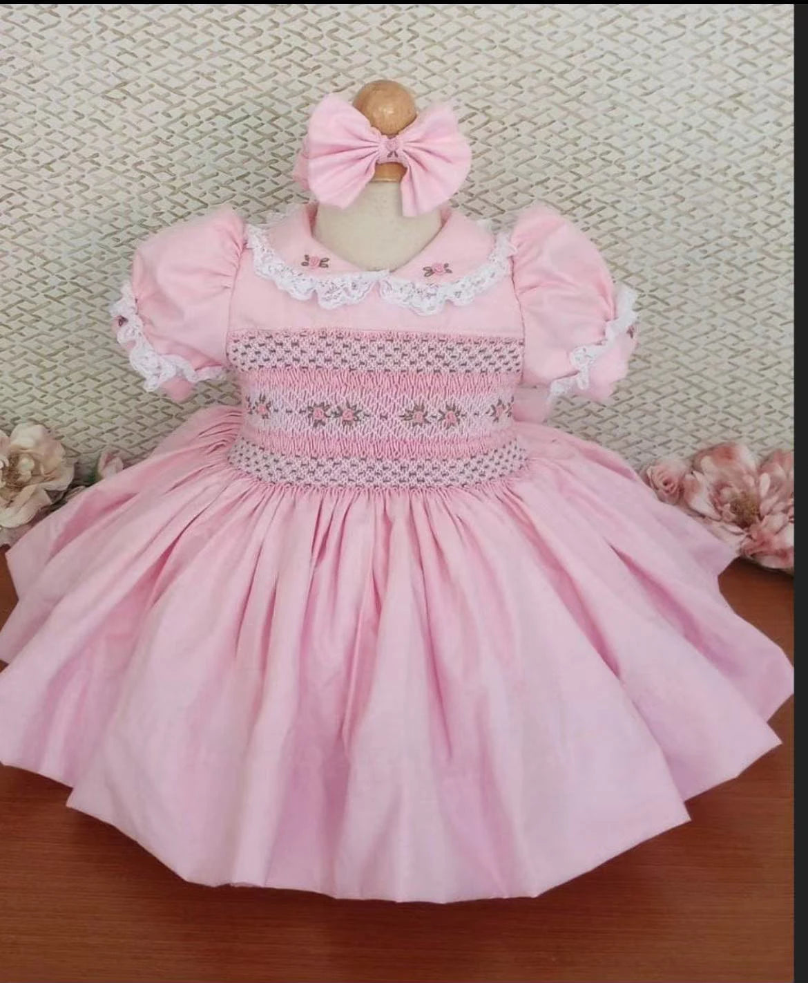 0-12Y Baby Girl Summer Pink Flower Handmade Embroidery Smocked Dress for Eid Birthday Party Holiday Photography Casual A150