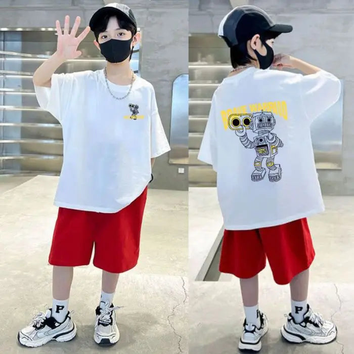 2026 summer Teens Boys Clothes set Outfit Kid robot fashion Tracksuit Child t-shirt top + solid shorts pant 4 7 8 10 12 14 Year