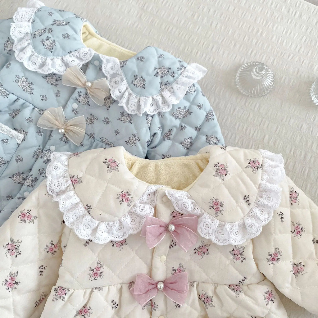 2025 Winter New Baby Girl Sweet Floral Fleece Romper Cute Lace Lapel Newborn Clothes Thick Warm Infant Girl Bow Padded Jumpsuit