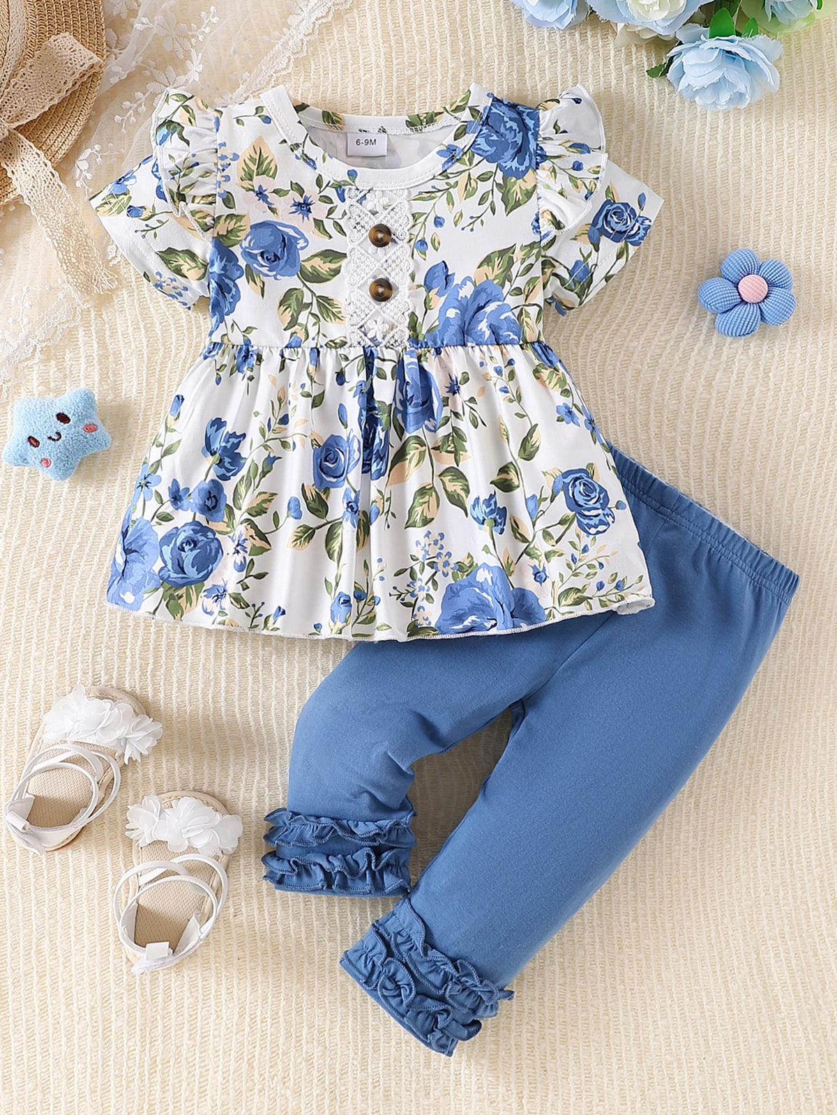 Top Rated Trending Baby Girl (0-4Y) Floral Print Ruffle Top & Lace Trim Pants 2pc Set: Soft Breathable Cotton, Skin-Friendly