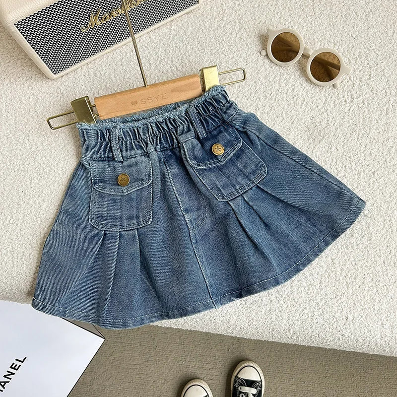 2-8 year old girl's denim set with retro lapel long sleeved denim jacket+pleated skirt cover girl's fashionable and trendy set