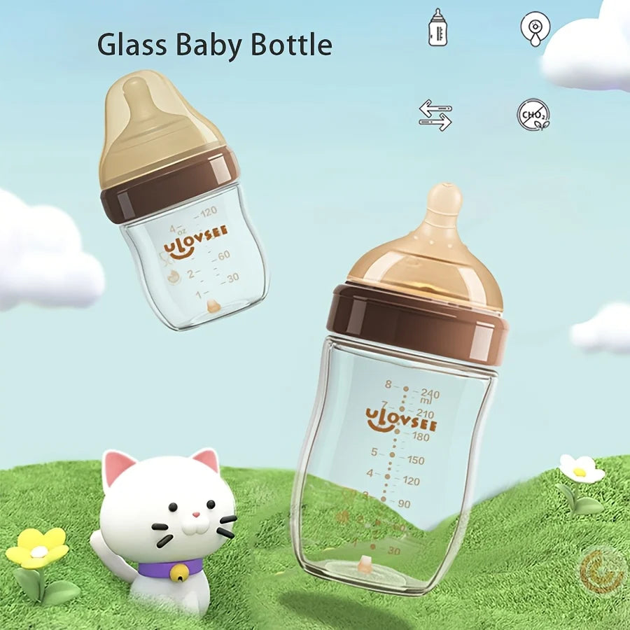 4oz,8oz High Borosilicate Glass Baby Bottle,Nipple,Wide-Neck Feeding Bottle with Bottom Air Balance Hole/Valve,Glass Milk Bottle