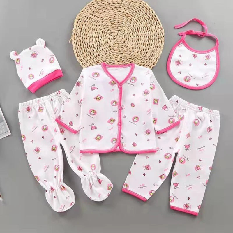 5Pcs/Set Newborn Baby Girl Clothes Set Cotton Soft Underwear Infant Boy Outfit Children Girl Top+2Pant+Bib+Hat Toddler A1156