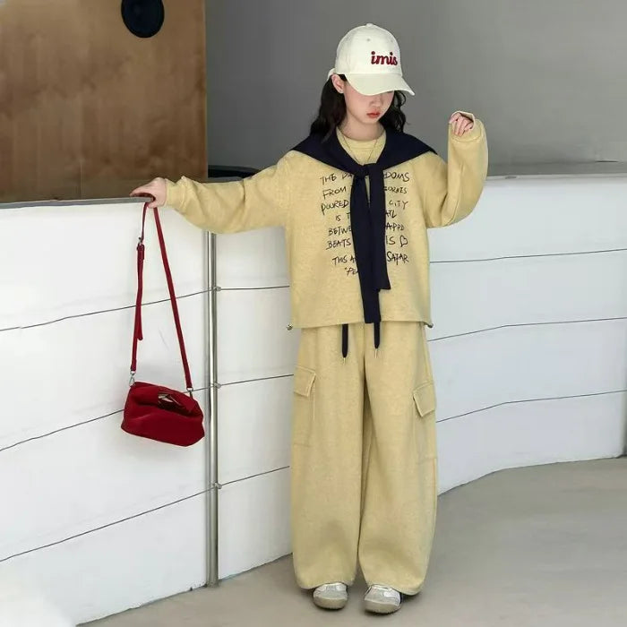 2026 autumn spring teenager kids girl Children set Clothes loose sweatshirt Hooded t shirt+ pocket wide leg pant 4 10 12 14 Year
