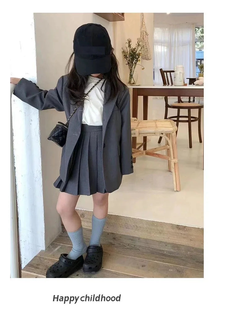 2026 Spring Winter Girls Kids 2 Piece Child Outfits Teenager Suit Set Slim Blazer Jacket Top + Mini Pleated Skirt 4 5 10 12 Year