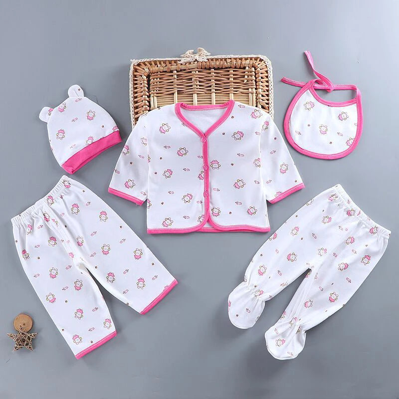 5Pcs/Set Newborn Baby Girl Clothes Set Cotton Soft Underwear Infant Boy Outfit Children Girl Top+2Pant+Bib+Hat Toddler A1156